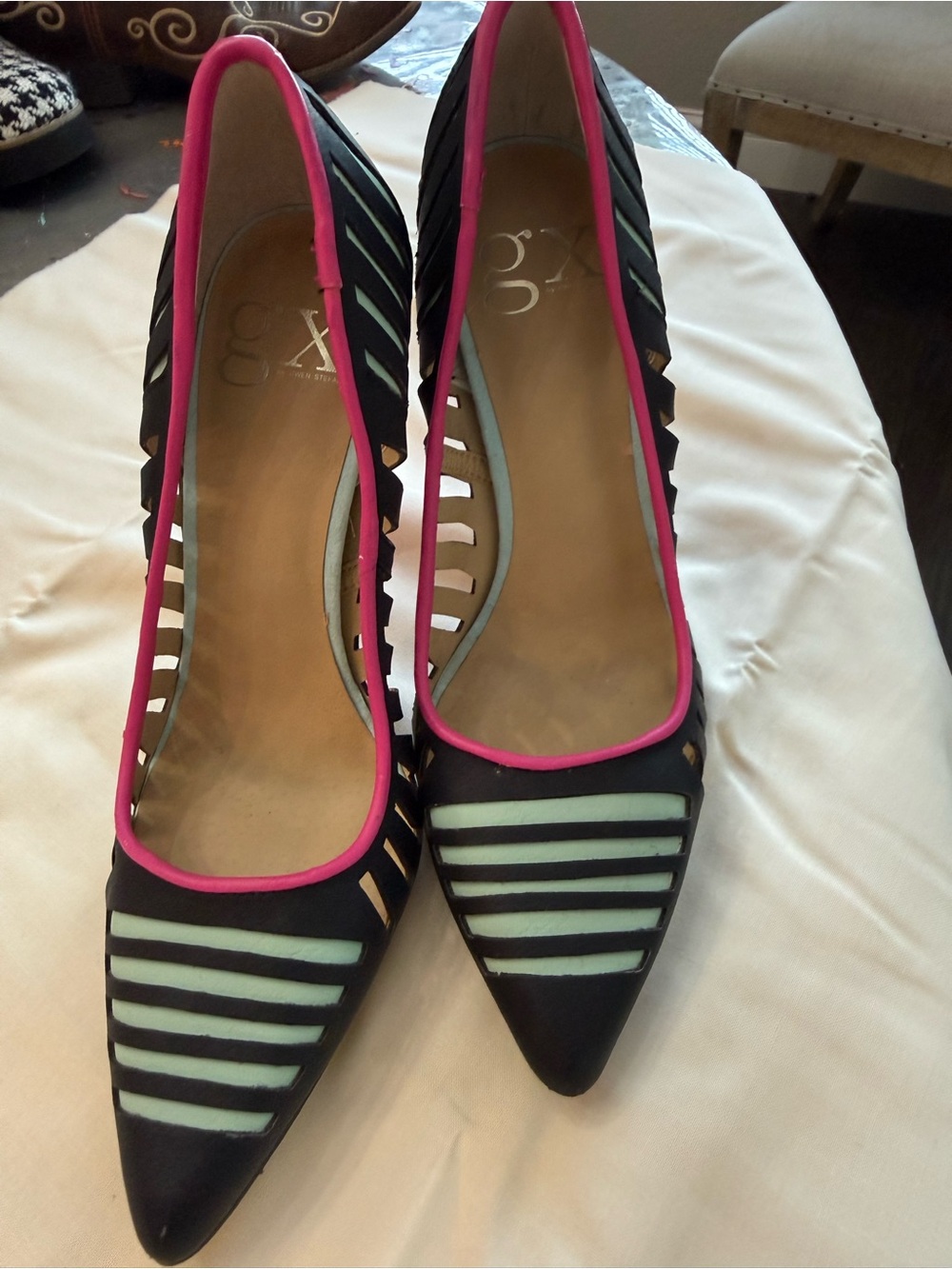 GX by Gwen Stefani Black Pointed Heels with Mint Striped Panels and Pink Trim 6